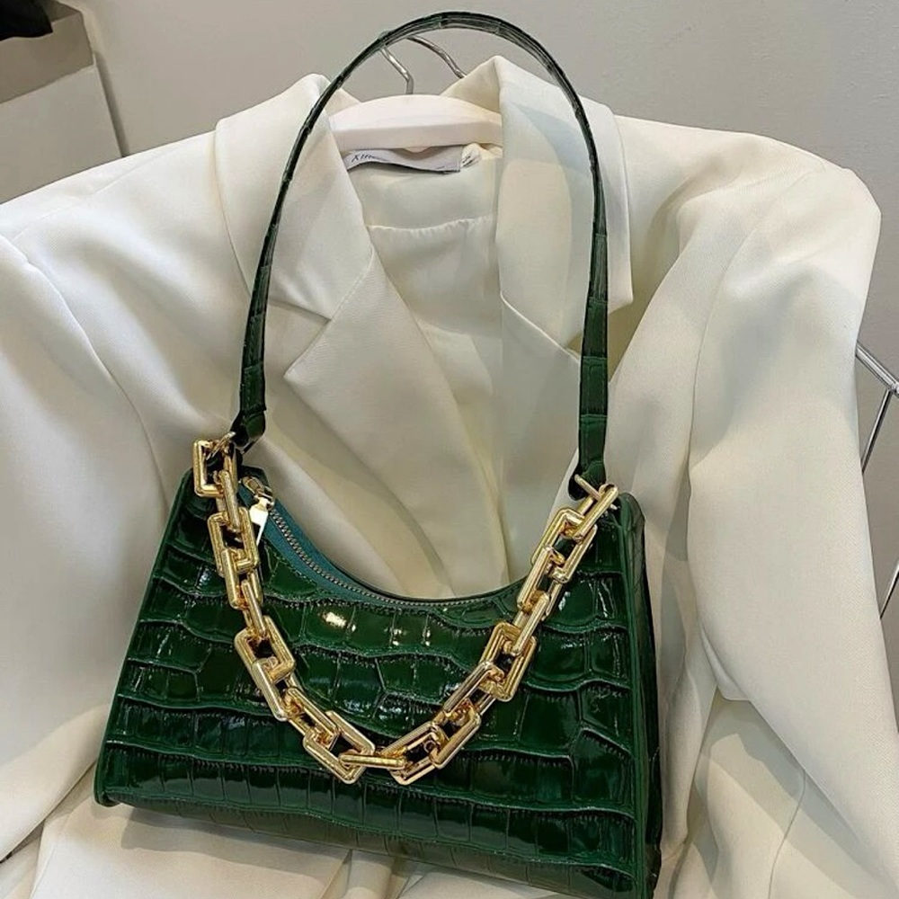 Crocodile Embossed Chain Decor Baguette Purse